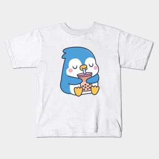 Cute Blue Penguin Drinks Boba Tea Kids T-Shirt